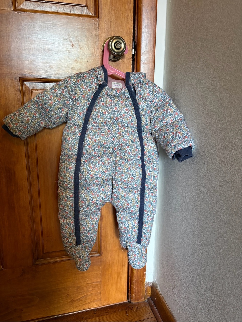 liberty Multicolor Floral Quilted Footed One-Piece with Navy Trim